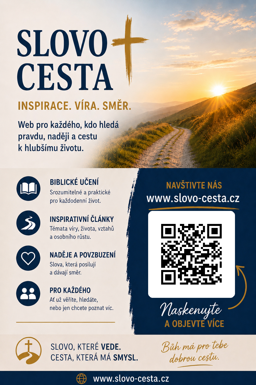 Plakát Slovo·Cesta — Inspirace. Víra. Směr. s QR kódem na slovo-cesta.cz